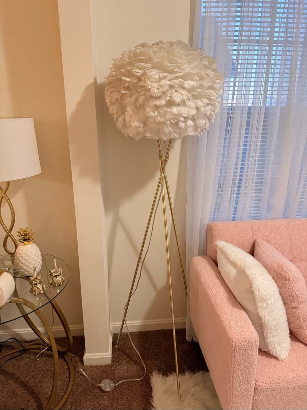 White Feather Tripod Floor Lamp with Gold Stand